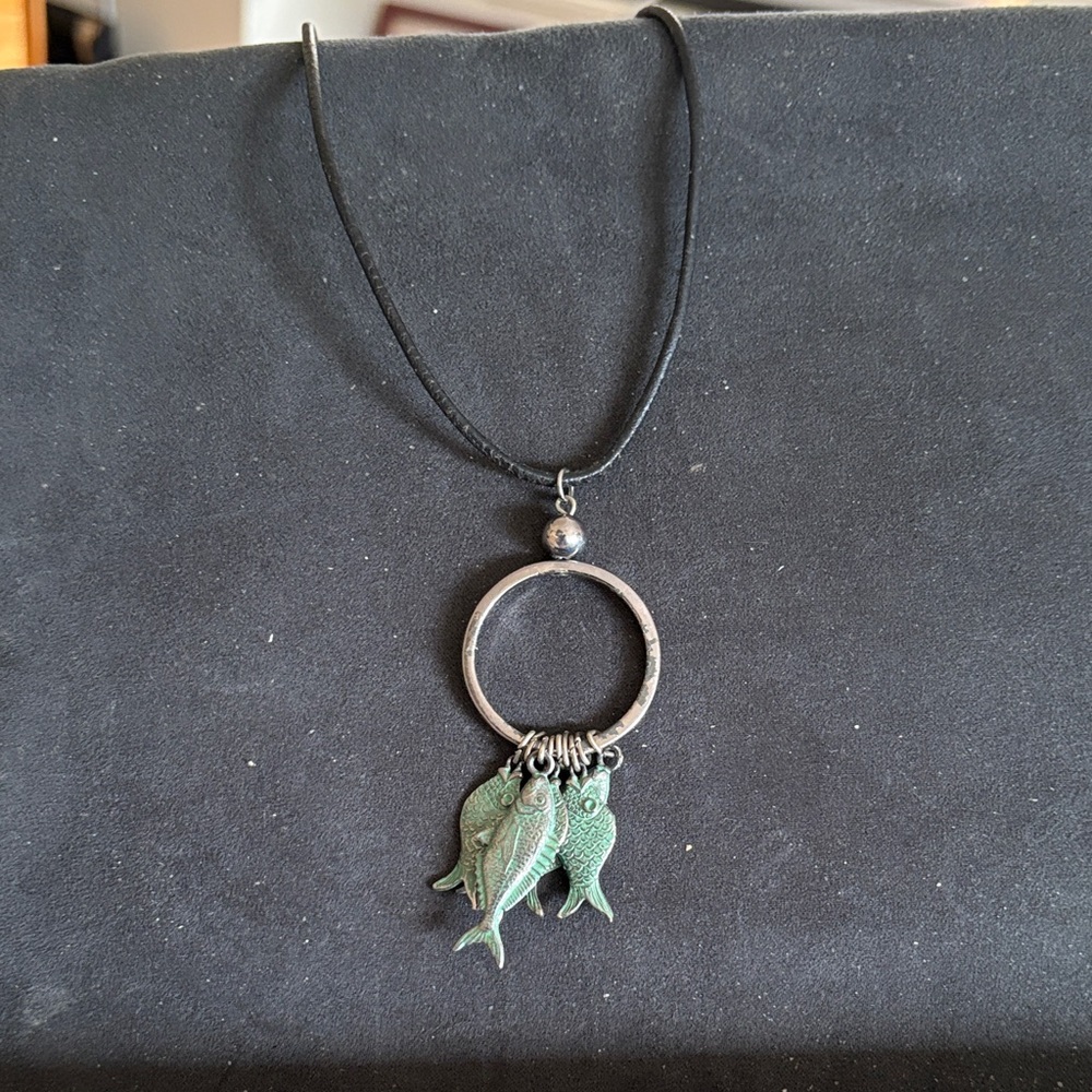Black Cord Necklace with Silver Ring and Green Fish Charms